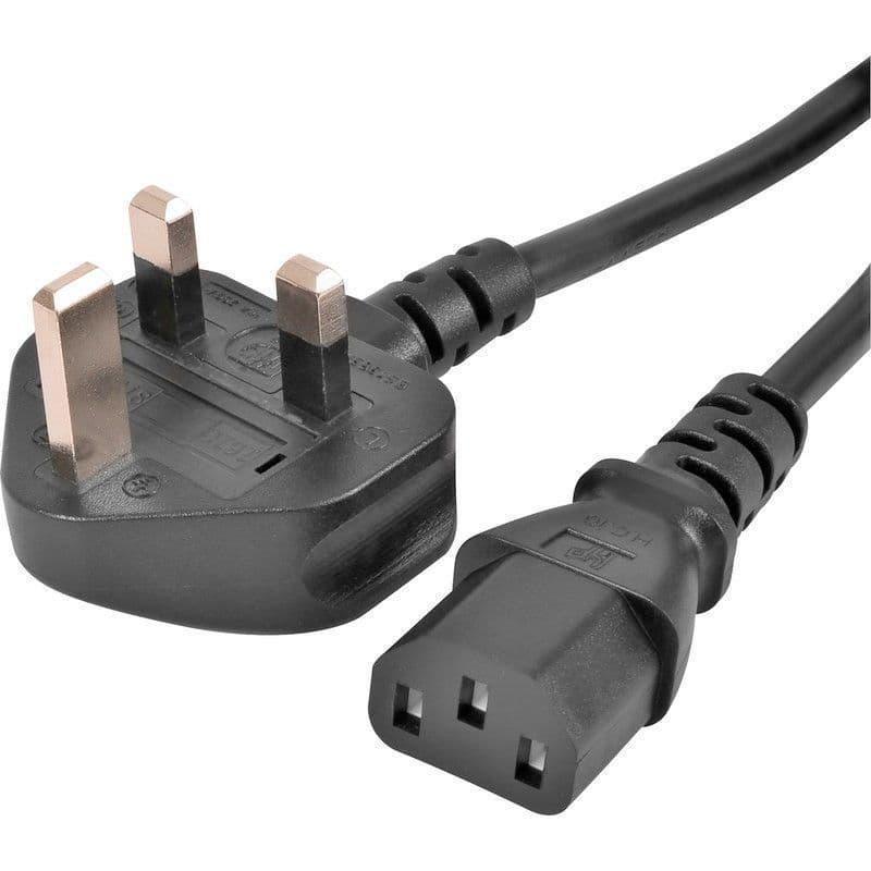 Black power cord with UK plug on a white background