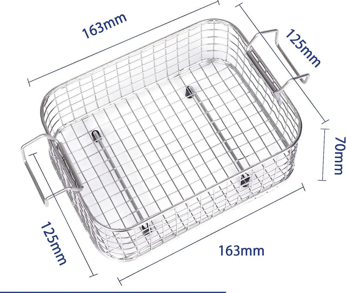 Wire basket with dimensions labeled on a white background