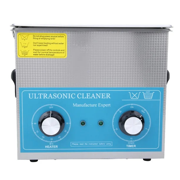 Ultrasonic cleaner with blue front panel and warning label on a white background