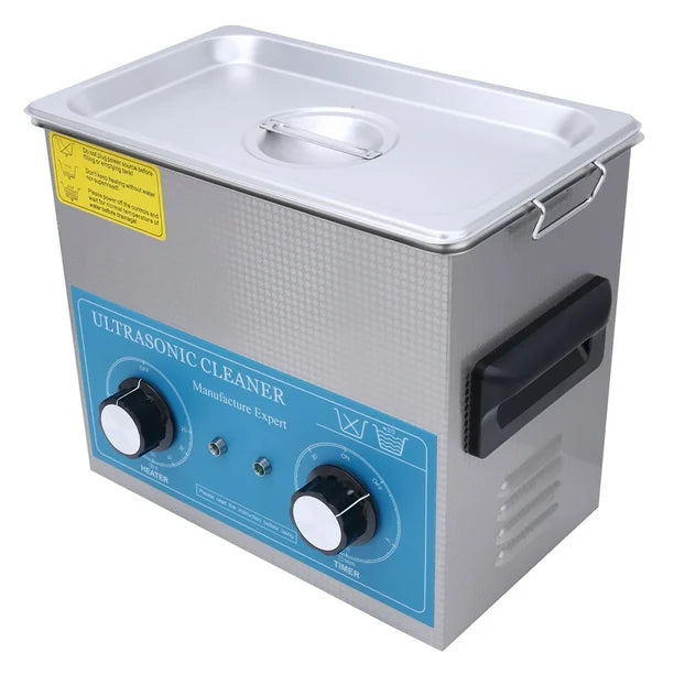 Ultrasonic cleaner with control knobs on a white background