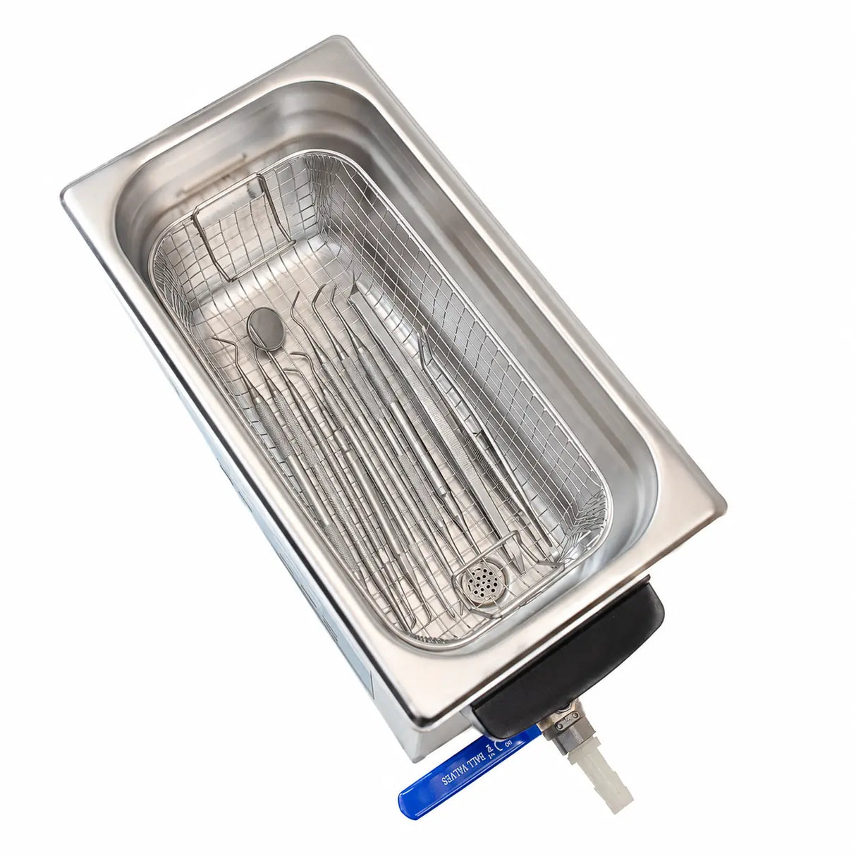 A 6 litre digital ultrasonic cleaner bath with a wire rack, cleaning dental instruments on a white background.