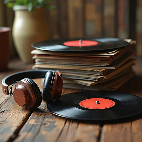 stack of vinyl records with headphones