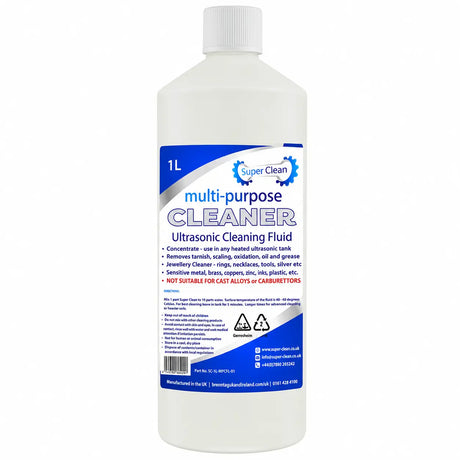 A 1-liter white plastic bottle of Super Clean multi-purpose ultrasonic cleaning fluid with a blue and white label, shown on a plain white background.