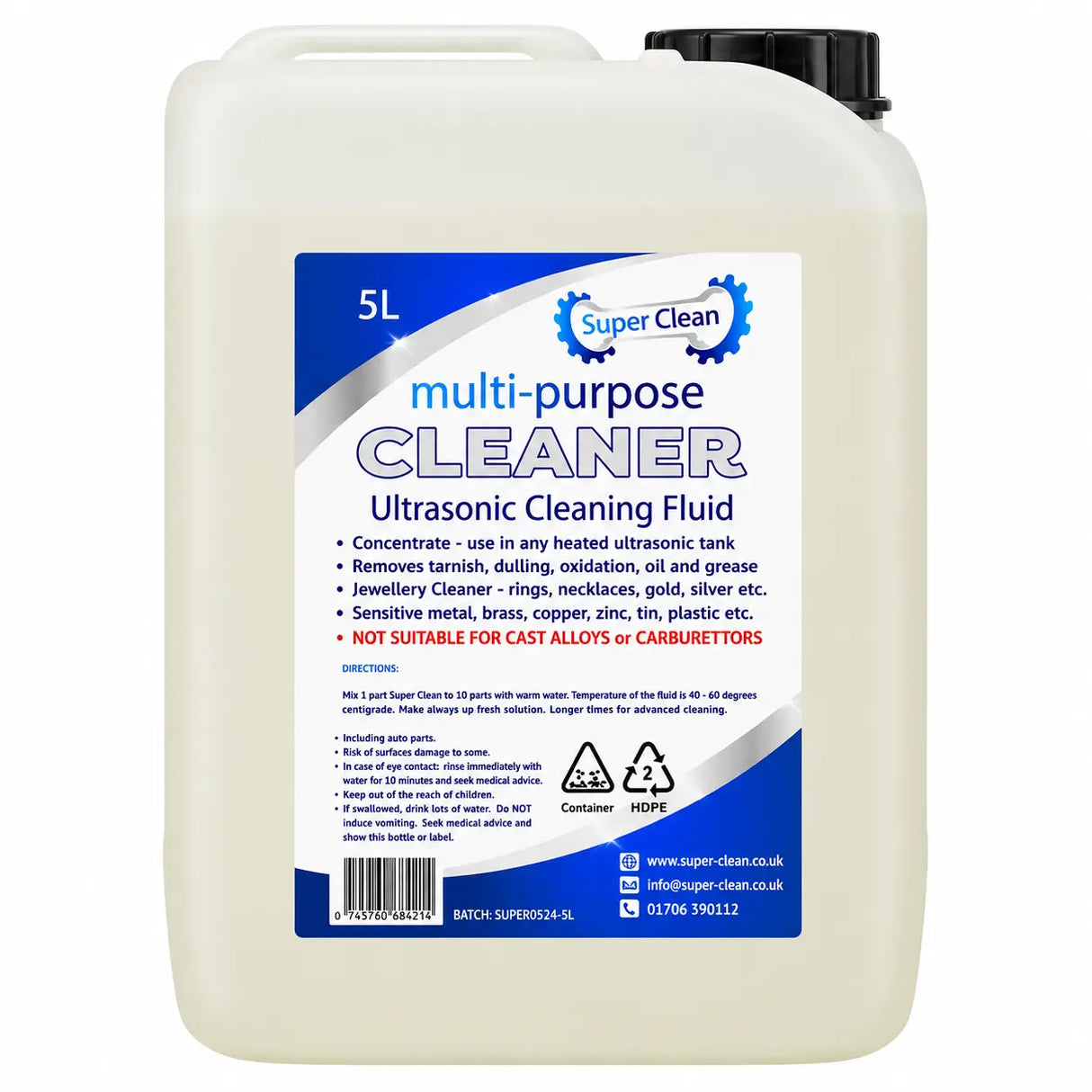 A 5L white bottle of Super Clean multi-purpose ultrasonic cleaning fluid with a black cap and a blue and white product label.