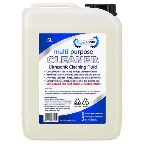 A 5L white bottle of Super Clean multi-purpose ultrasonic cleaning fluid with a black cap and a blue and white product label.