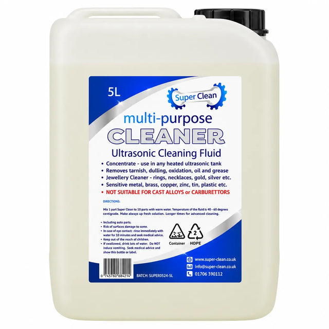 A 5L white bottle of Super Clean multi-purpose ultrasonic cleaning fluid with a black cap and a blue and white product label.