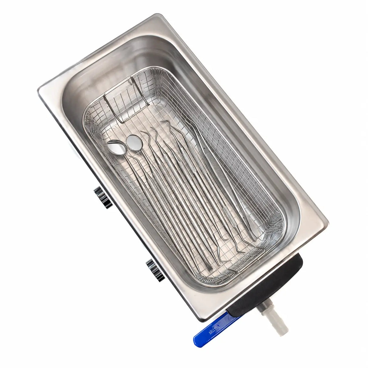 A 6 litre ultrasonic cleaner with dental instruments inside on a plain white background.