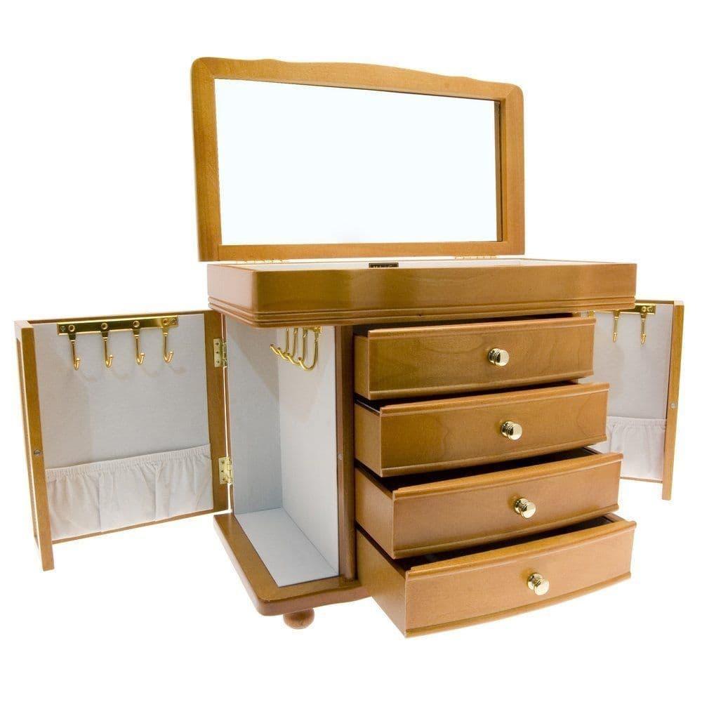 Vintage Wooden Jewelry Cabinet Box, Glass Doors, Hooks, Drawers - Italy Storage
