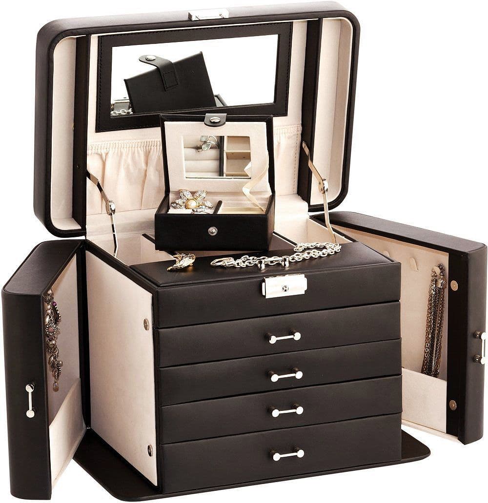 Mele Large Empress Jewellery Box in Bonded Leather (black)