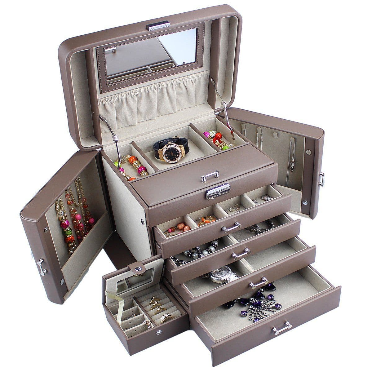 Mele Large Empress Jewellery Box in Bonded Leather (mink)