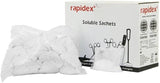 A bag of white Rapidex soluble detergent sachets next to its white packaging box on a plain white background.