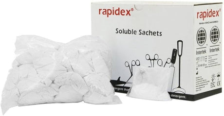 A bag of white Rapidex soluble detergent sachets next to its white packaging box on a plain white background.